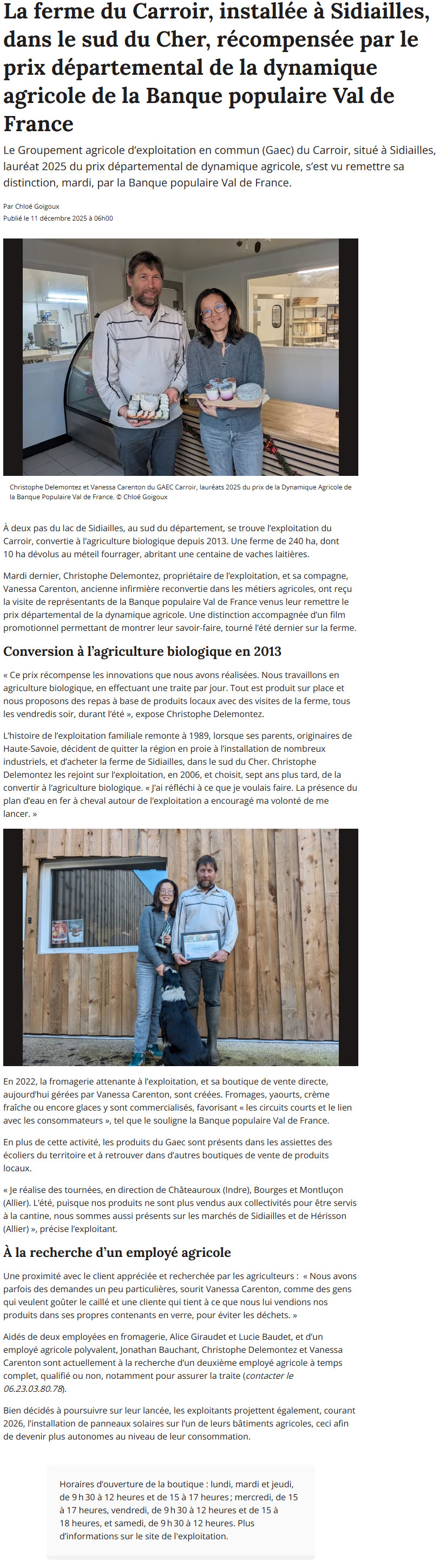 La ferme du Carroir, installée à Sidiailles, dans le sud du Cher, récompensée par le prix départemental de la dynamique agricole de la Banque populaire Val de France